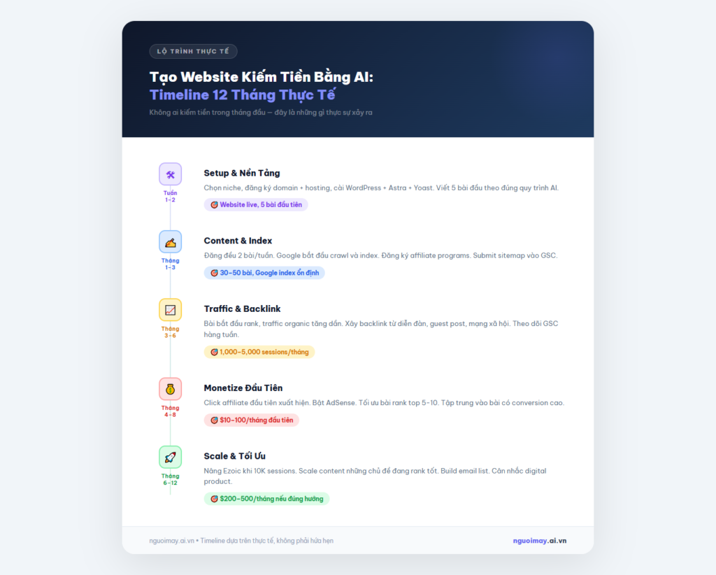 timeline xây website kiếm tiền bằng AI theo tháng 2026